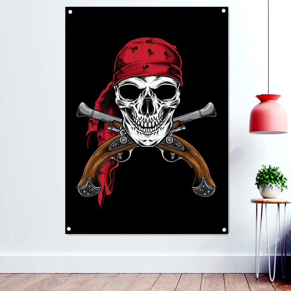 

Skull Crossed Guns Banner Wall Hanging Captain Jolly Roger Poster Wall Art Pirate Symbol Flag Canvas Painting Home Decoration