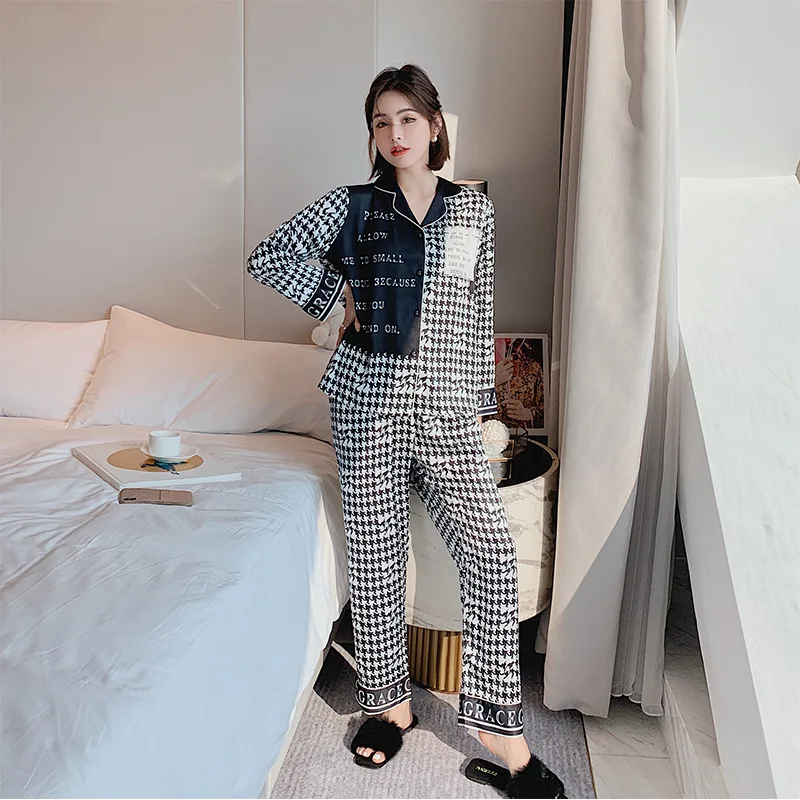 

Satin Houndstooth Pajamas Set Women 2PCS Sleepwear Lovers Shirt&Pants Soft Print Nightwear Casual Home Clothes Silky Pyjamas