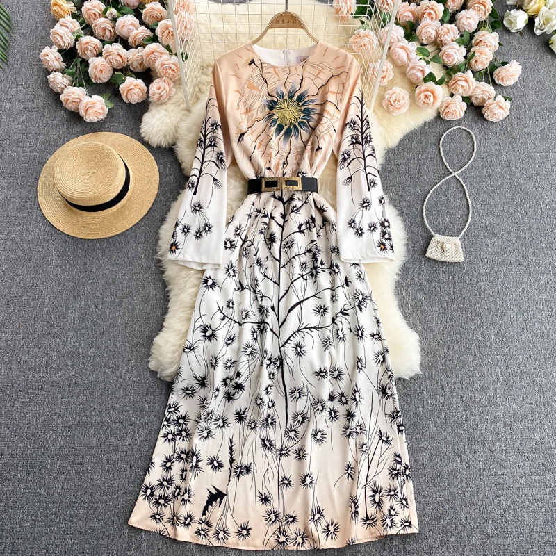 

2021 New Autumn Fashion Desinger Print Runway Vestidos Female Round Neck Long Maxi Bohemian Holiday Dresses