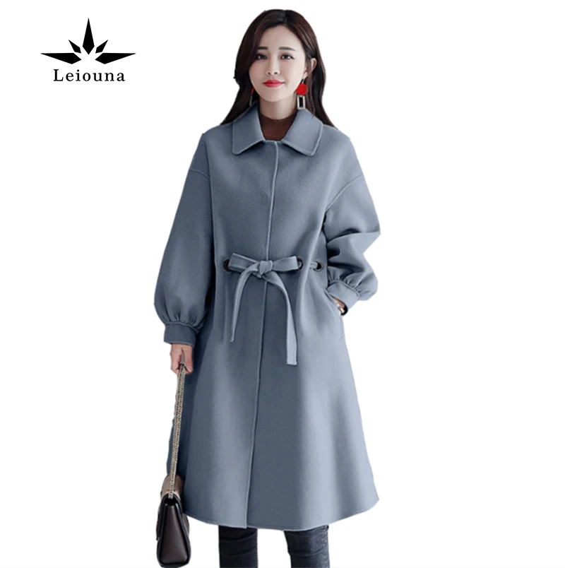 

Leiouna Lantern Sleeve Loose Warm Winter Woman Manteau Long Coat With Blet Wool Blends Female Overcoat New Jacket Korean