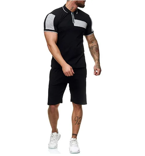 

2021 Men's Summer Leisure Sports Color Stitching Shirt Shorts Two-piece Outdoor Fitness Cropped Top Cotton T-shirt Breathable