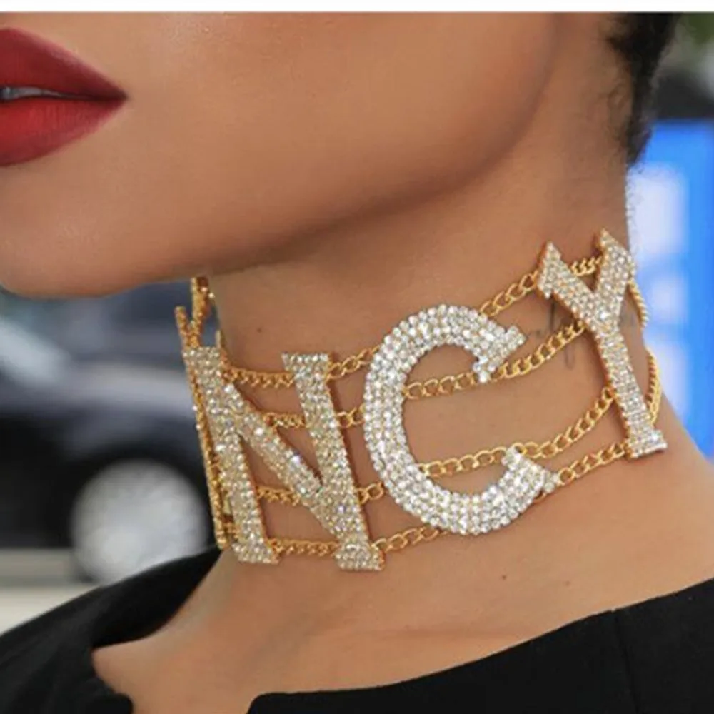 

Shiny Crystal FANCY Letter Choker Necklace Jewelry for Women Rhinestone Collar Necklace Clavicle Chain Statement Big Choker