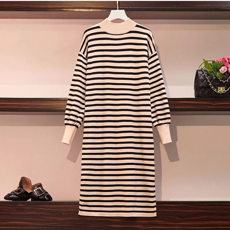 

Dress Women Soft Autumn New Basic Long Sleeve Fashion Ulzzang Striped Daily Ladies Dresses Side-slit Chic Vintage Womens Vestido