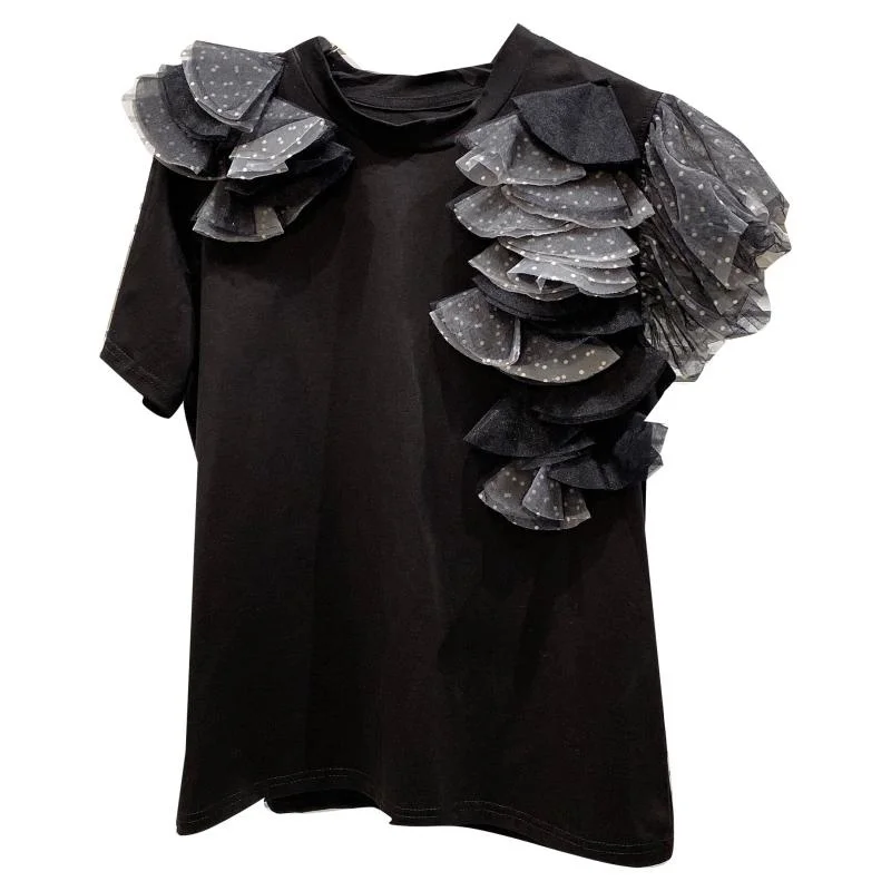 

Net Yarn Pleated Hem Sleeve T Shirt Women 2021 Summer New Short Sleeve T-shirt