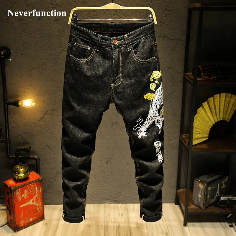 Мужские прямые джинсы в китайском стиле с вышивкой дракона хип хоп черные