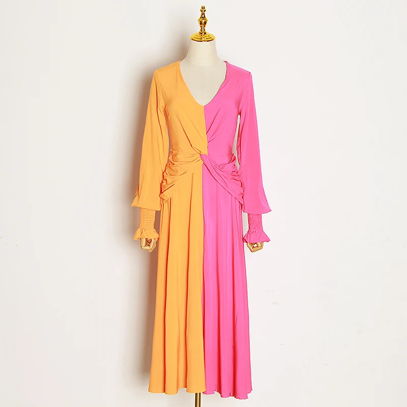 Женское лоскутное платье TWOTWINSTYLE разноцветное до щиколотки с v образным вырезом