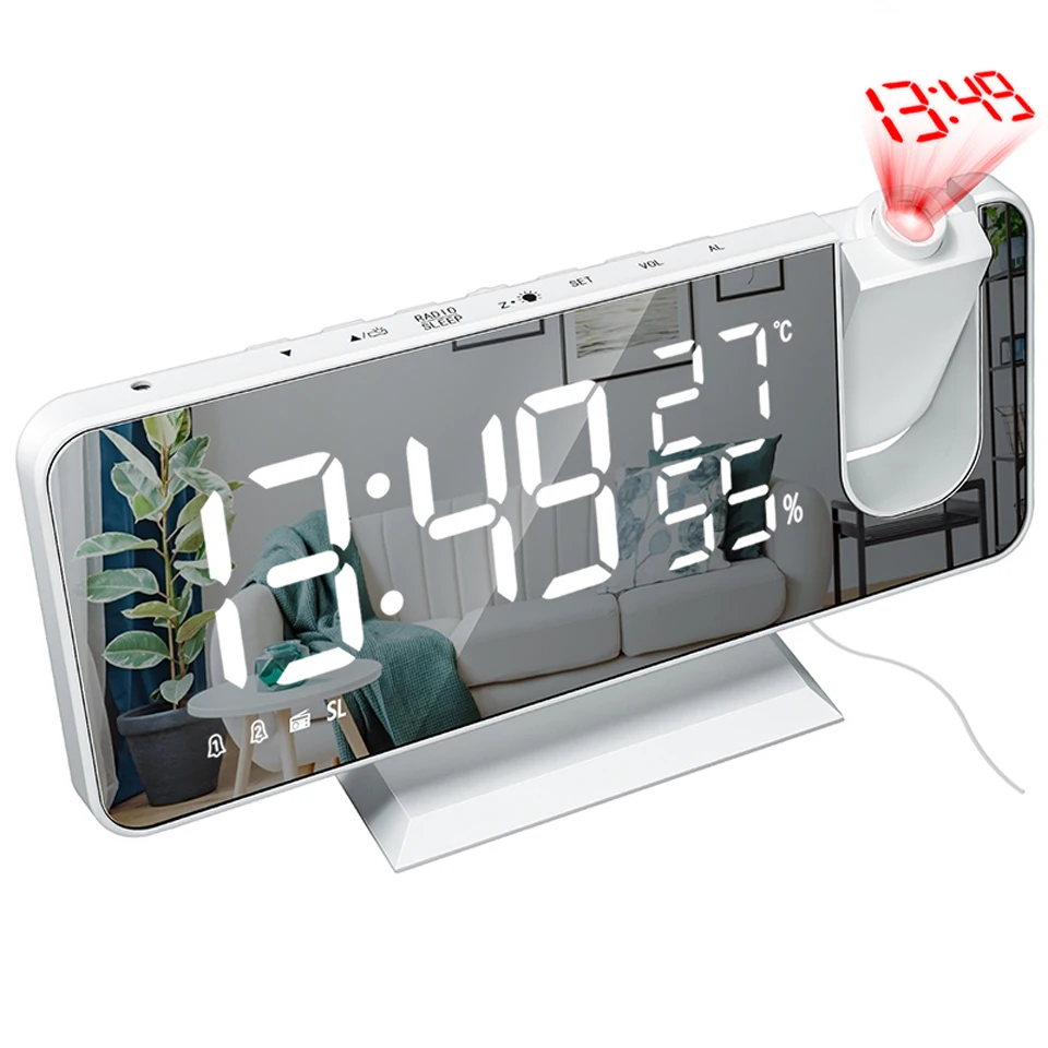 

FM Radio LED Digital Smart Alarm Clock Hygrometer Thermometer Electronic Desktop Clocks USB Wake Up Clock with Projection Time