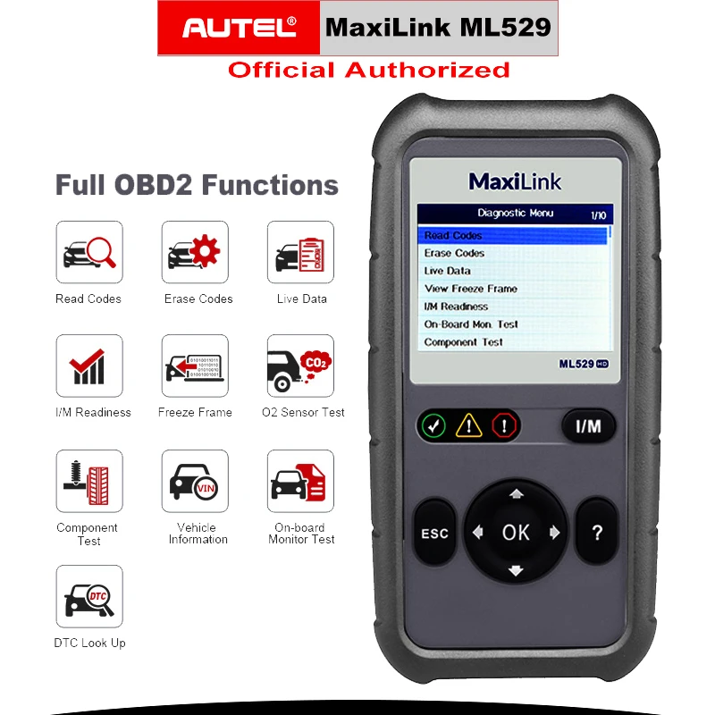 AUTEL MaxiLink ML529 Автомобильный сканер OBDII режим 6 OBD2 автомобильный диагностический инструмент eobd(система бортовой диагностики, встроенный поиск DTC Динамик ясно код ридер