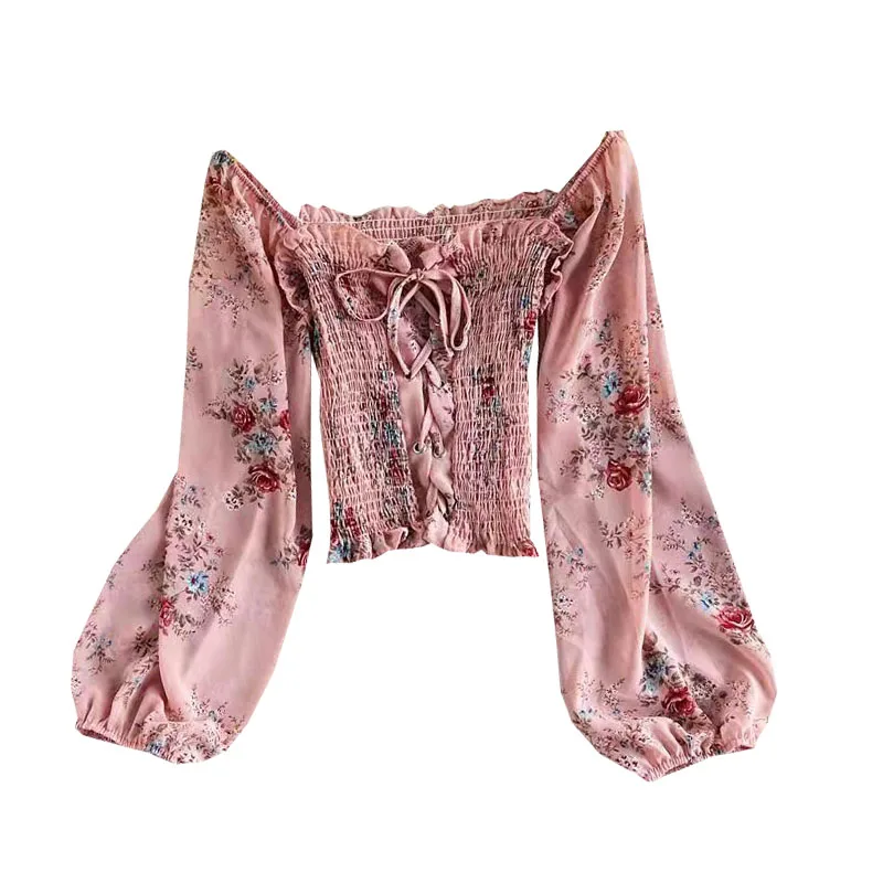 

Summer women's small fresh square collar Floral Chiffon shirt chic sweet lotus leaf swing off shoulder bubble sleeve top