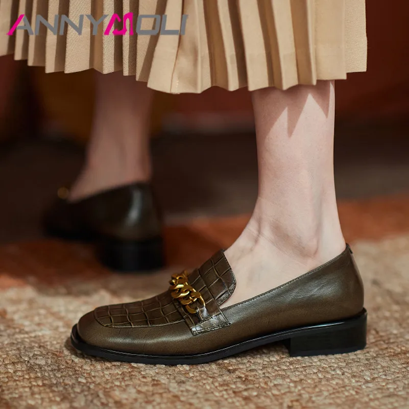 

ANNYMOLI Square Toe Loafers Shoes Women Real Leather Med Heels Chain Thick Heel Pumps Metal Decoration Ladies Footwear Size 42