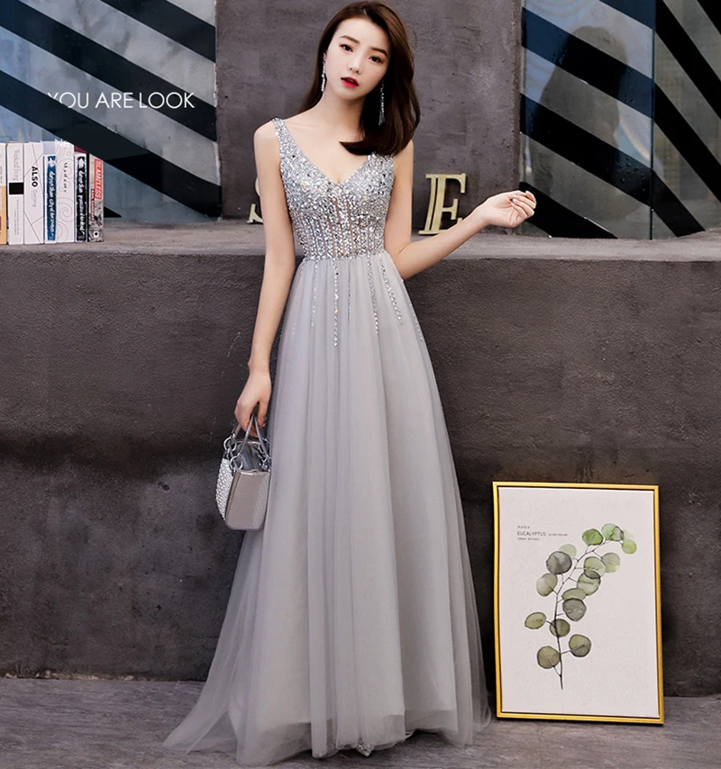 

Женское вечернее платье с открытой спиной, серое простое платье с v-образным вырезом и блестками, вечерние платья для выпускного вечера