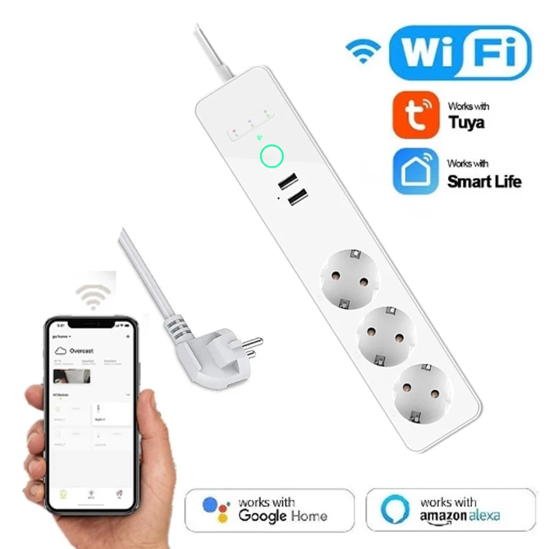 

EU Smart Power Strip WiFi Power Strip 3 Outlets 2 USB Charging Ports 4000W Power Extension Cable For Home Office Computer TV