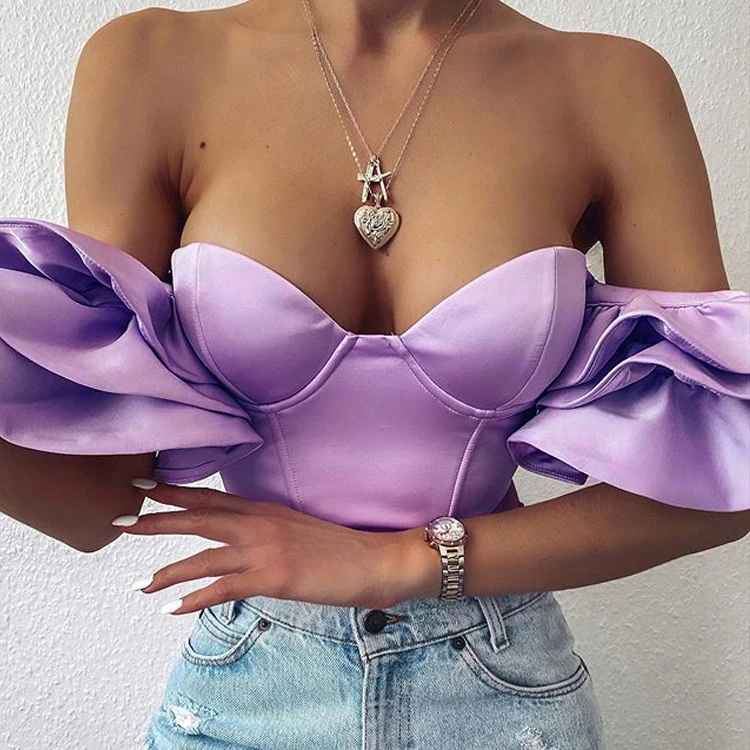 

Boned Corset Tops Women Solid Color Sweet Ruffle Sleeve Blusas Sexy Off Shoulder Satin Crop Top Summer Bustier 2020 New