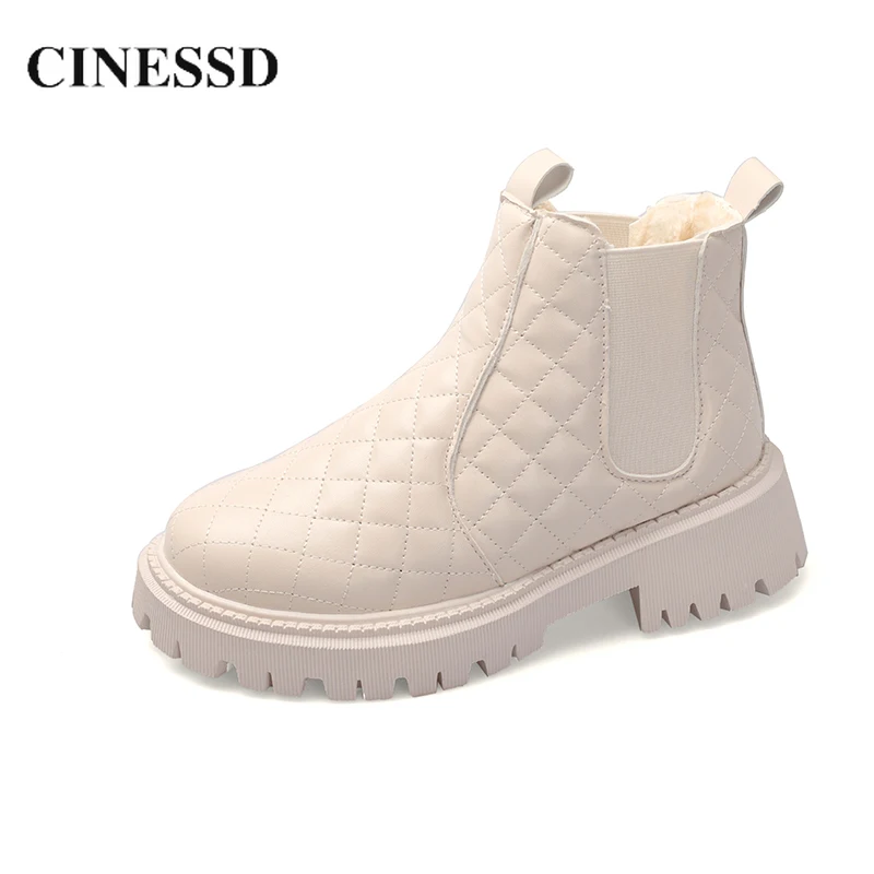 

Женские ботинки челси CINESSD, зимние пушистые плюшевые ботильоны на массивной платформе с клетчатым каблуком, черные, Бежевые ботинки для жен...