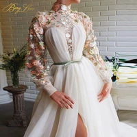 bery love elegant evening dresses lace applique high collar high split formal evening dress plus size robe de soiree