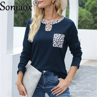 2021 autumn women new fashion leopard printed graphic t shirt casual o neck long sleeve splice pockets t shirt top