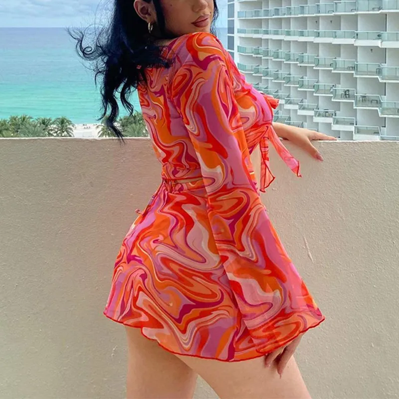 

2021 Summer Women Floral Print Sexy Mesh Blouse Fashion Female Deep V Neck Bow Tie Y2K Long Flare Sleeves Crop Tops
