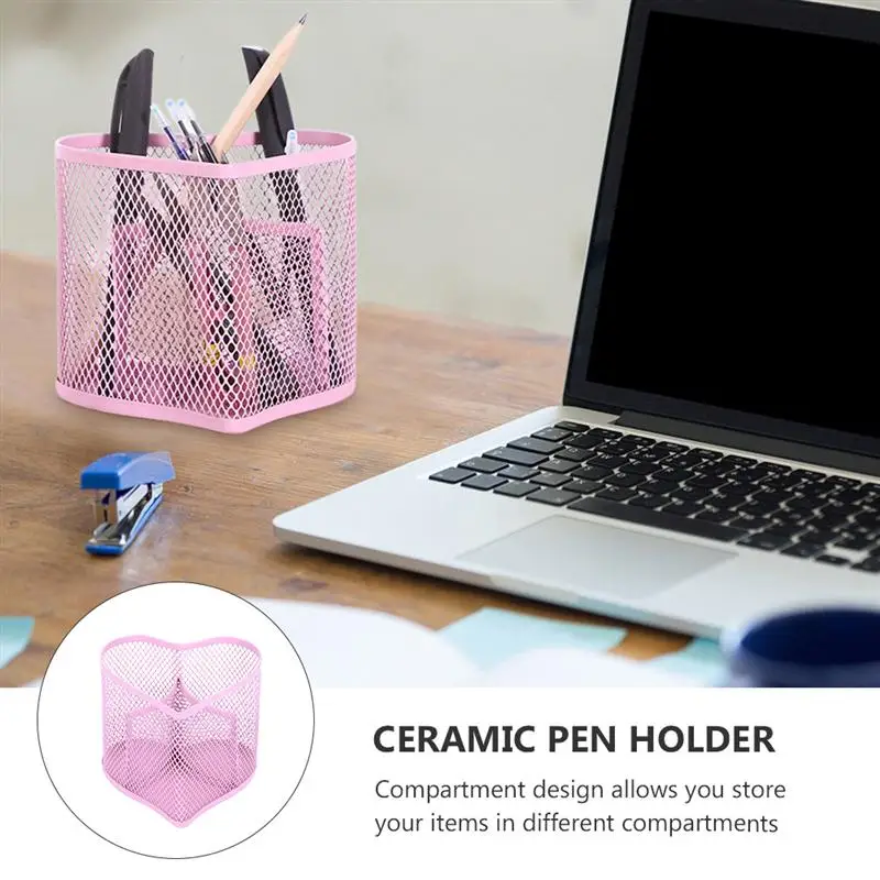 

1Pc Heart Shape Metal Pen Holder Compartment Desktop Pen Container (Pink)