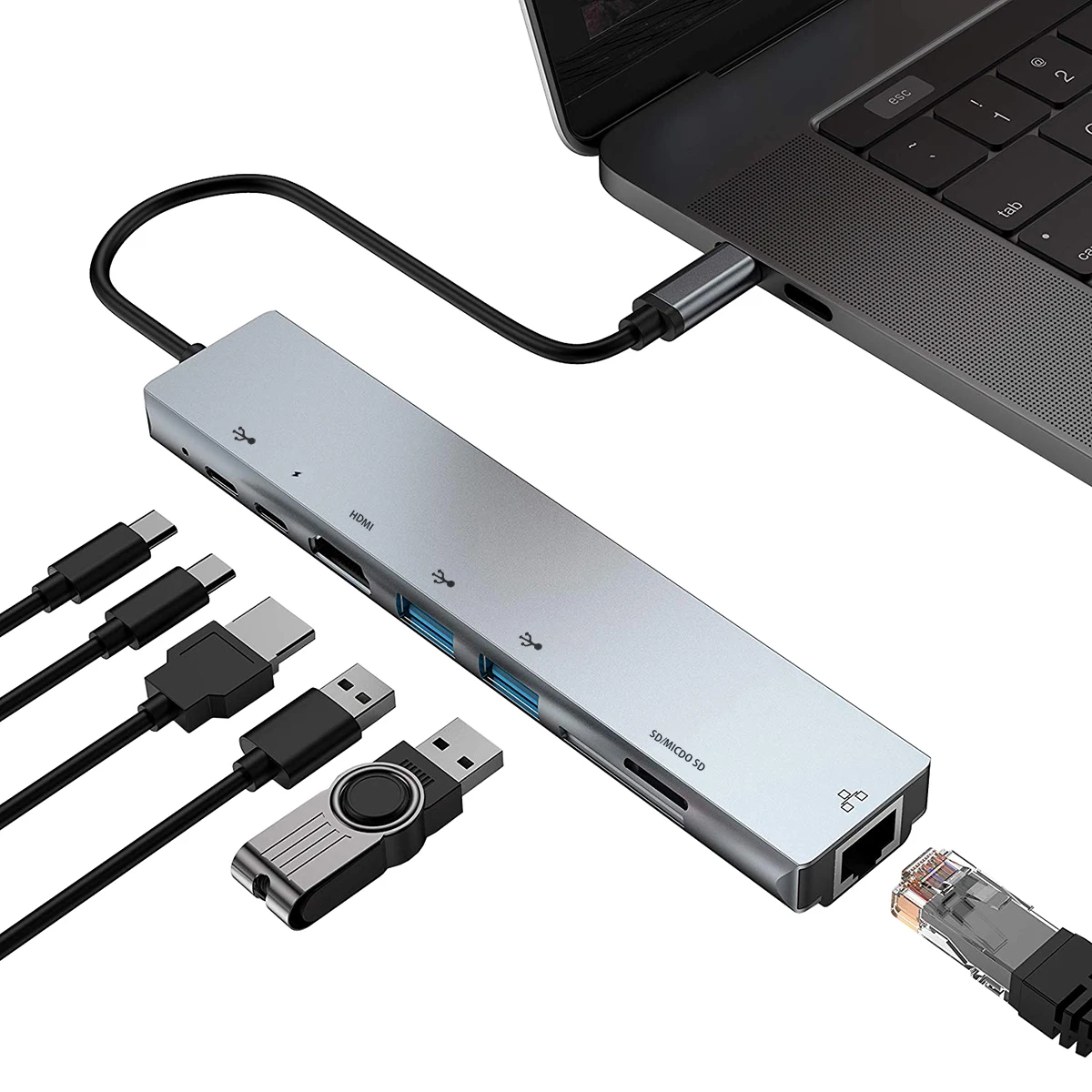 Type-C To HDMI RJ45 USB 3.0 Hub Card Reader Multiport Adapter 8in1 USB-C Hubs | Компьютеры и офис