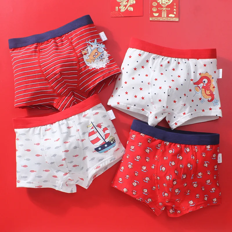 4 Pcs/pack Teen Underwear Red Cartoon Boxers for Kids Boys Cotton Baby Panties 6 Year Old Boy Clothes 2021 Teenage Underpants |
