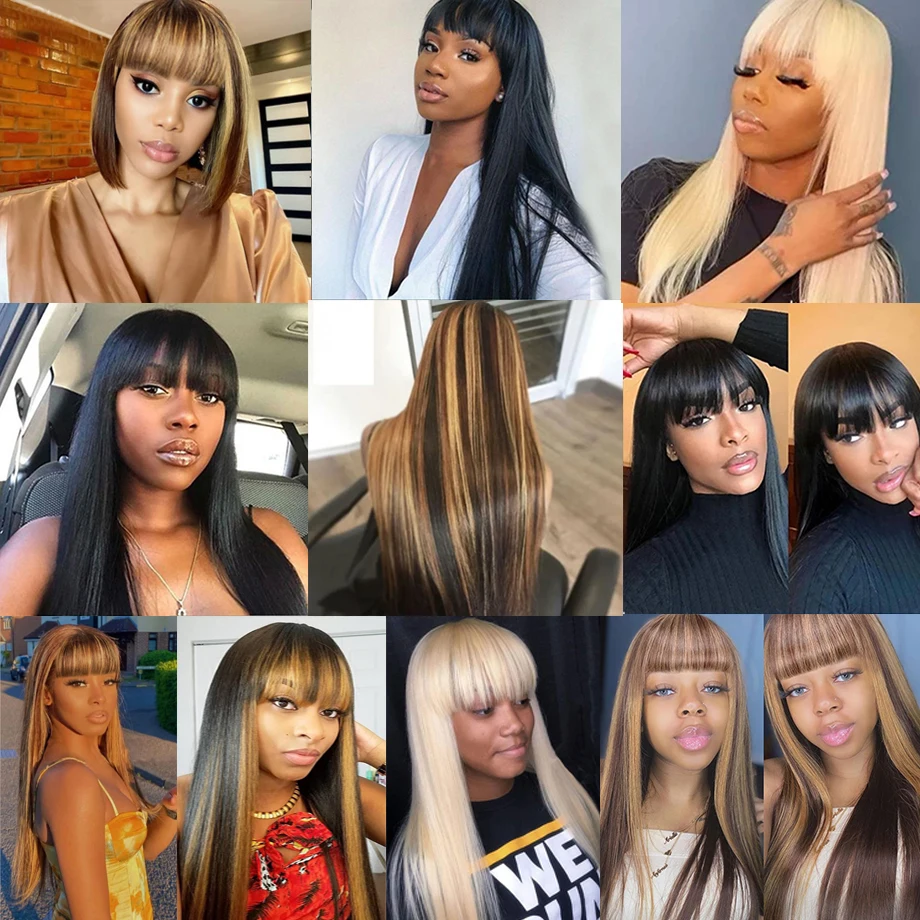 

Magic Wave Highlight 100% Human Hair Long Straight Bang Wig With Bangs Blonde Highlight Non Lace Wig Brazilian Hair BOB Wigs