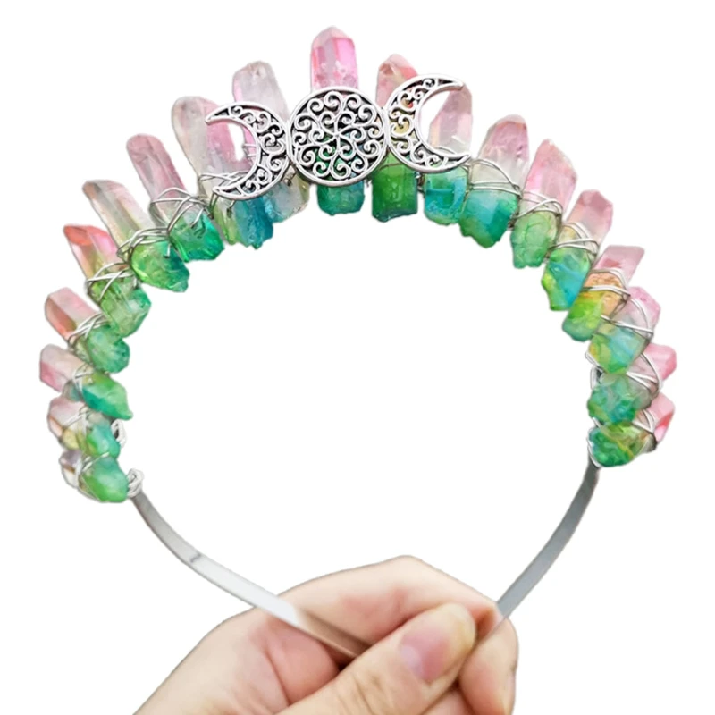 

Raw Crystal Quartz Headband Crown Hollow Out Metal Moon Tiara Wedding Hair Hoop