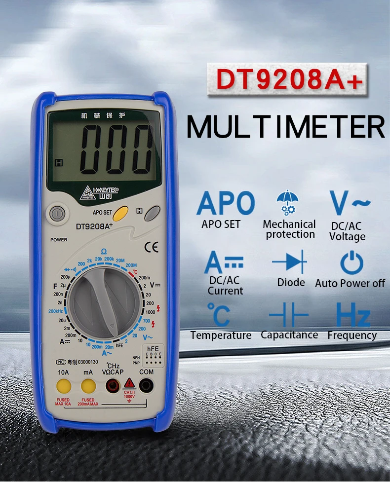 HONEYTEK Цифровой мультиметр DT9208A AC DC LCD Дисплей электрический портативный Вольтметр Амперметр Ом постоянной ёмкости, универсальный конденсатор тестер цифровой измеритель мощности