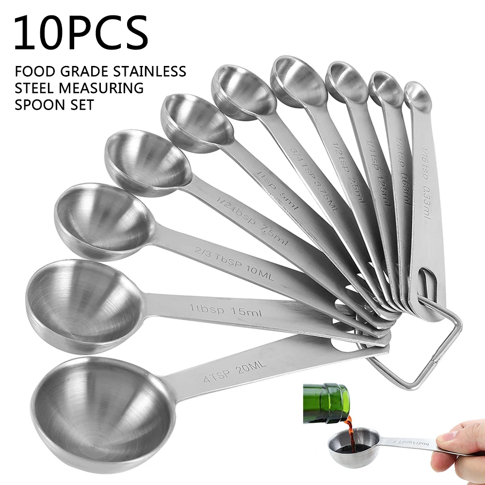 

10Pcs Measuring Spoons Set Stainless Steel Teaspoon Measure Spoon with Scale Handle Liquid Seasoning Sugar Scoop Kitchen Tools