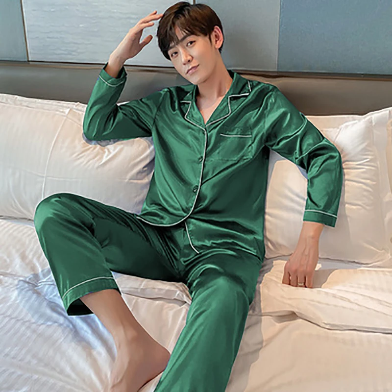 

Spring and Autumn Pure Color Long Sleeve Blue Pajamas Suit Cardigan Cartoon Printed Pajamas Two-piece Men's Lapel Sleeping Suit