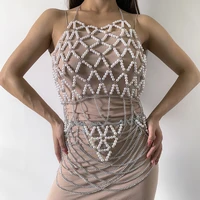 ingesight z imitation pearl cross net bikini chest bra chain for women sexy harness waist belly chain body jewelry nightclub