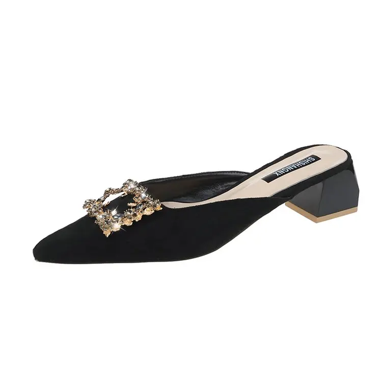 

Shoes Slippers Soft Slipers Women Med Slides Flock Cover Toe Female Mule Square heel Comfort 2021 Mules Pointed Summer Block PU