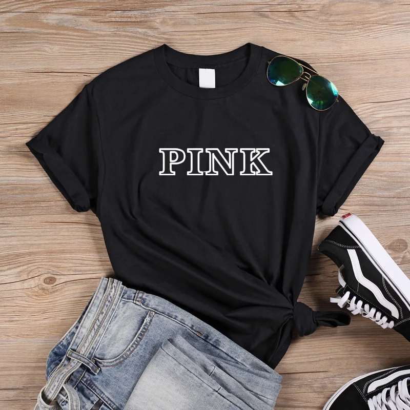 Женская футболка с круглым вырезом ONSEME розовая буквенным принтом прикольная для