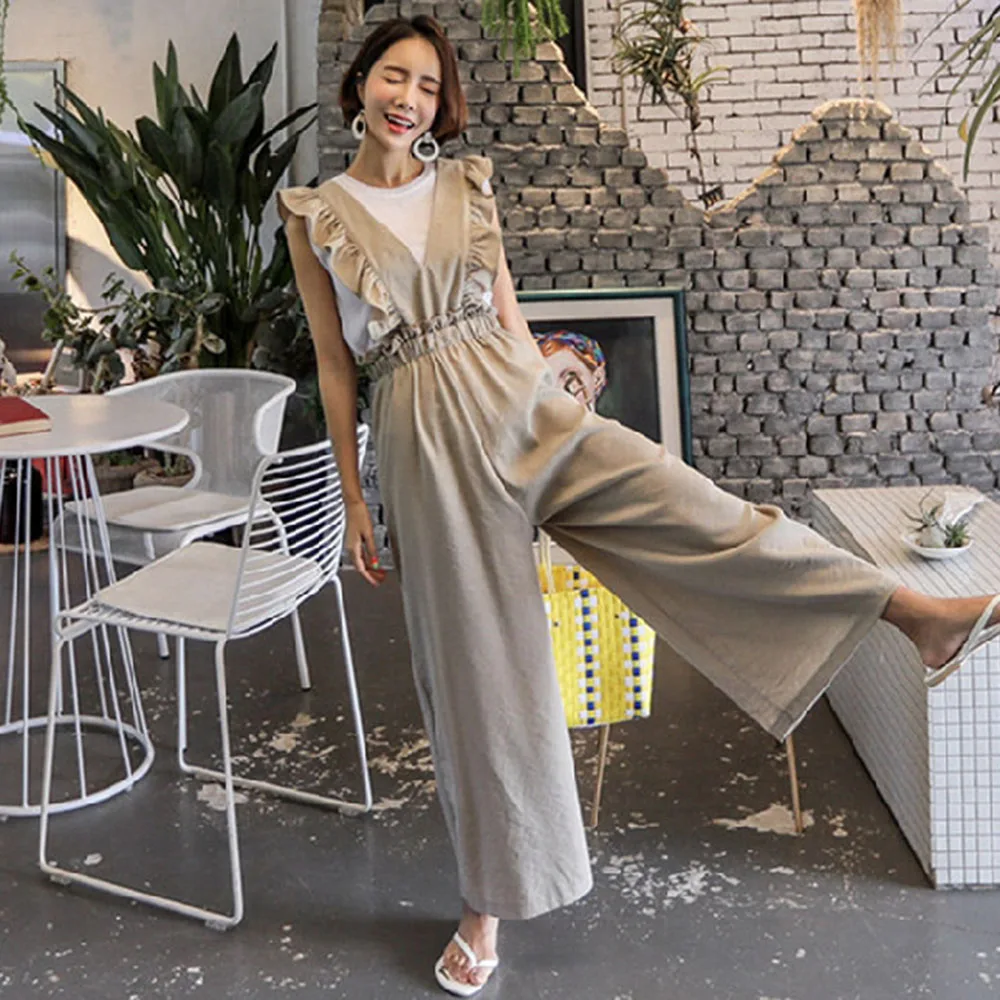 

Autumn New 2021 Korean Fashion Fungus Solid Color Jumpsuit Deep V-neck Thin High Waist Loose Casual Women's Overalls