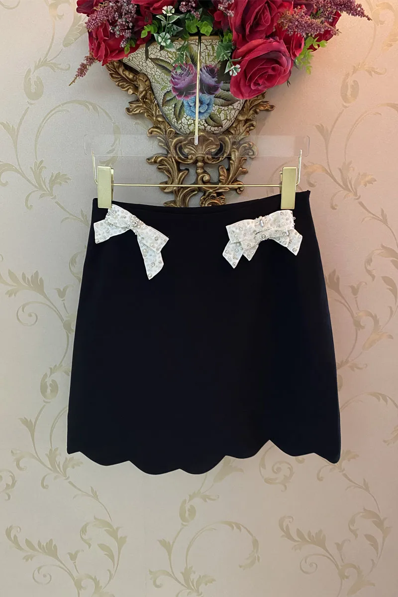 

Korean Fashion Crystal Bow Skirts Womens 2021 Summer High Waist Black Skirt Elegant A-line Mini Jupe Femme