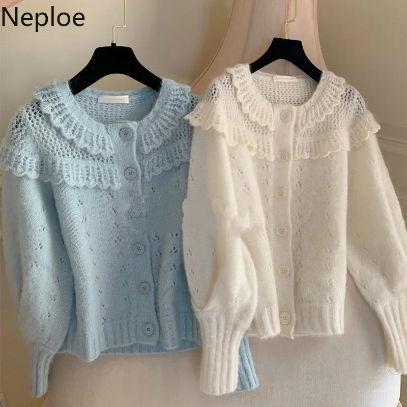 Женский кардиган с оборками Neploe однобортный вязаный свитер вырезами и длинным