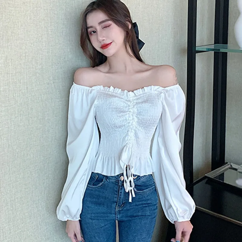 

Jlong Sexy Off Shoulder Sexy Blouses Long Sleeve Slim Shirts Ladies Fashion Blouses Female Tops