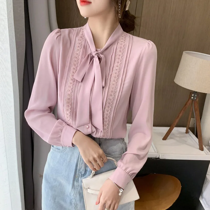 Женская шифоновая блузка с длинным рукавом элегантная кружевная бантом из ленты