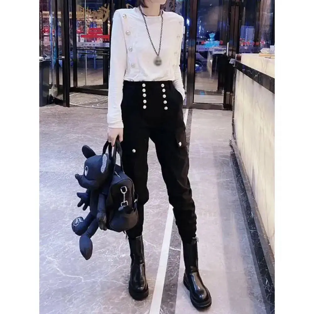 

High waist overalls women's spring and autumn loose thin versatile cool little 9-point corset straight jeans