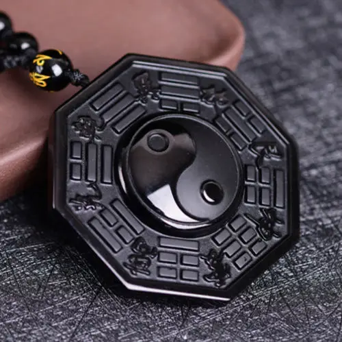 Китай натуральный обсидиан ручная резьба кулон Инь Ян тайчи со Сплетницей @