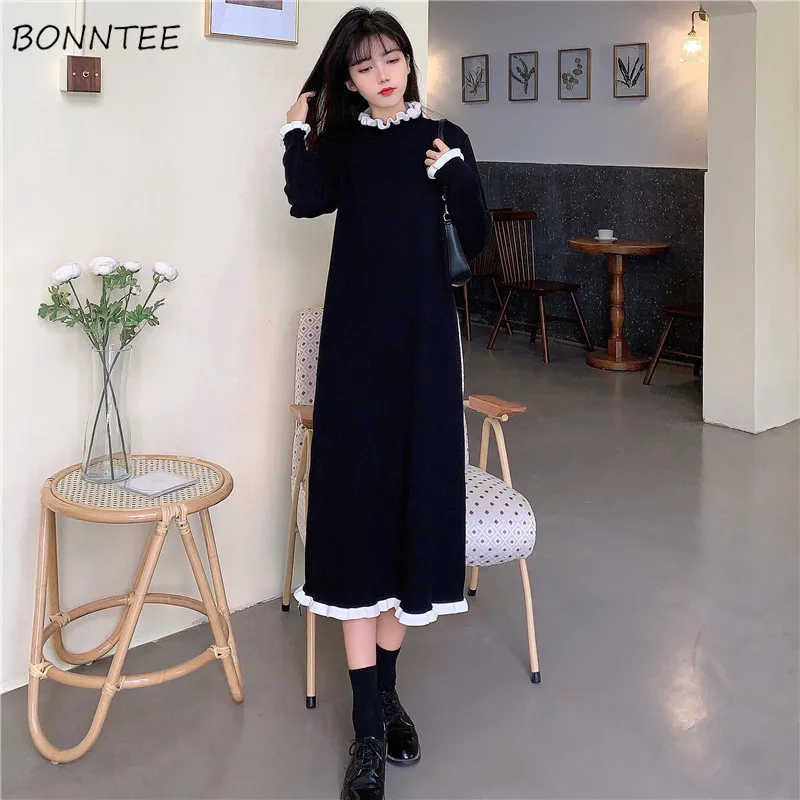 

Women Long Sleeve Dress Patchwork Ruffled Collar Elegant Simple Female All-match Knitted Dresses Retro Leisure Loose Streetwear