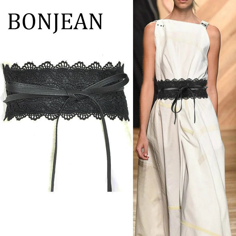 

BONJEAN Lace-Up Belt for Women 2018 Apparel Accessories Lace Patchwork Black Belt & Cummerbunds Fashion PU Leather Belt BJ346
