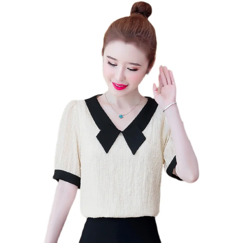 

COIGARSAM Chiffon blouse women New Summer V-Neck blusas womens tops and blouses Apricot 9615