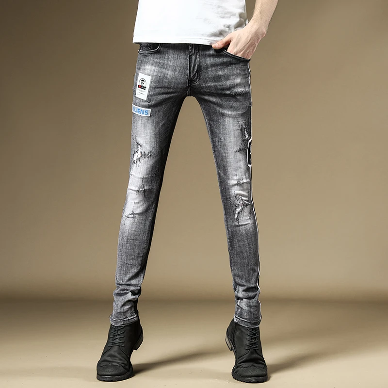 

Men Ripped Jeans Summer Gray Straight Pants Slim Fit Hip Hop Streetwear Young Side Stripe Denim Trousers