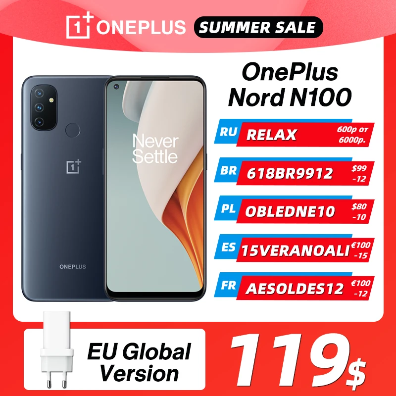 Глобальная версия OnePlus Nord N100 4GB 64GB смартфон 90 Гц 6,52 дюйм Экран 13MP тройные камеры 5000 мА/ч, 18 Вт OnePlus официального магазина Carter's, код: