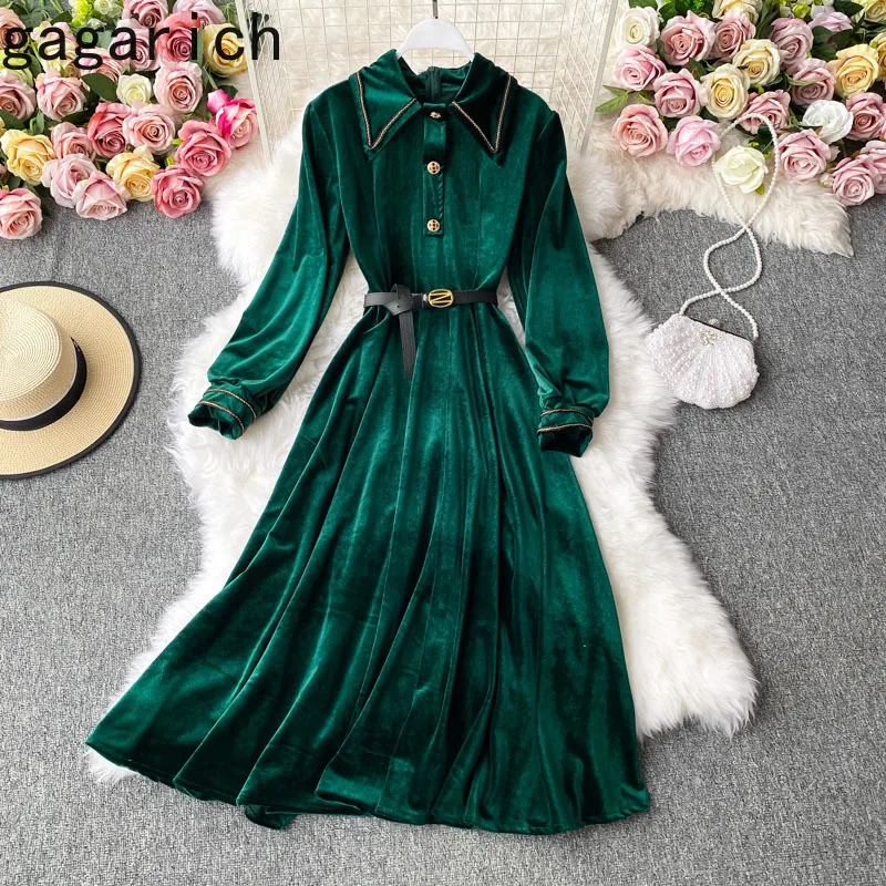 Женское бархатное платье Gagarich элегантное темно-зеленое приталенное в Корейском