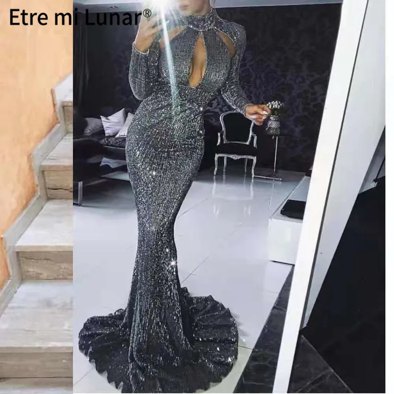 

2021 Sexy Sliver Evening Dress 2020 High Neck Long Sleeve Mermaid Dressing Gowns Sequined Party Dress Vestidos de fiesta LE4070