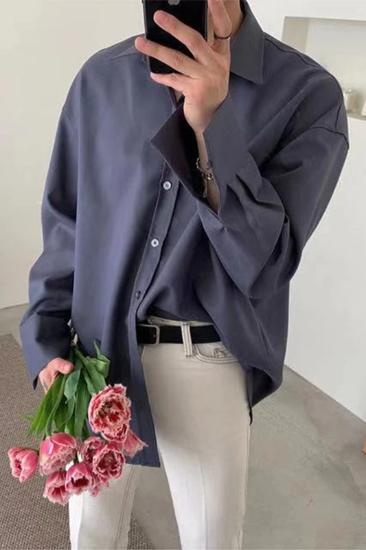 

2020 Spring And Autumn New Men's Loose Pure Color Drop Shoulder Sleeve Shirt Fashion Casual Wild Top Jacket White / Gray