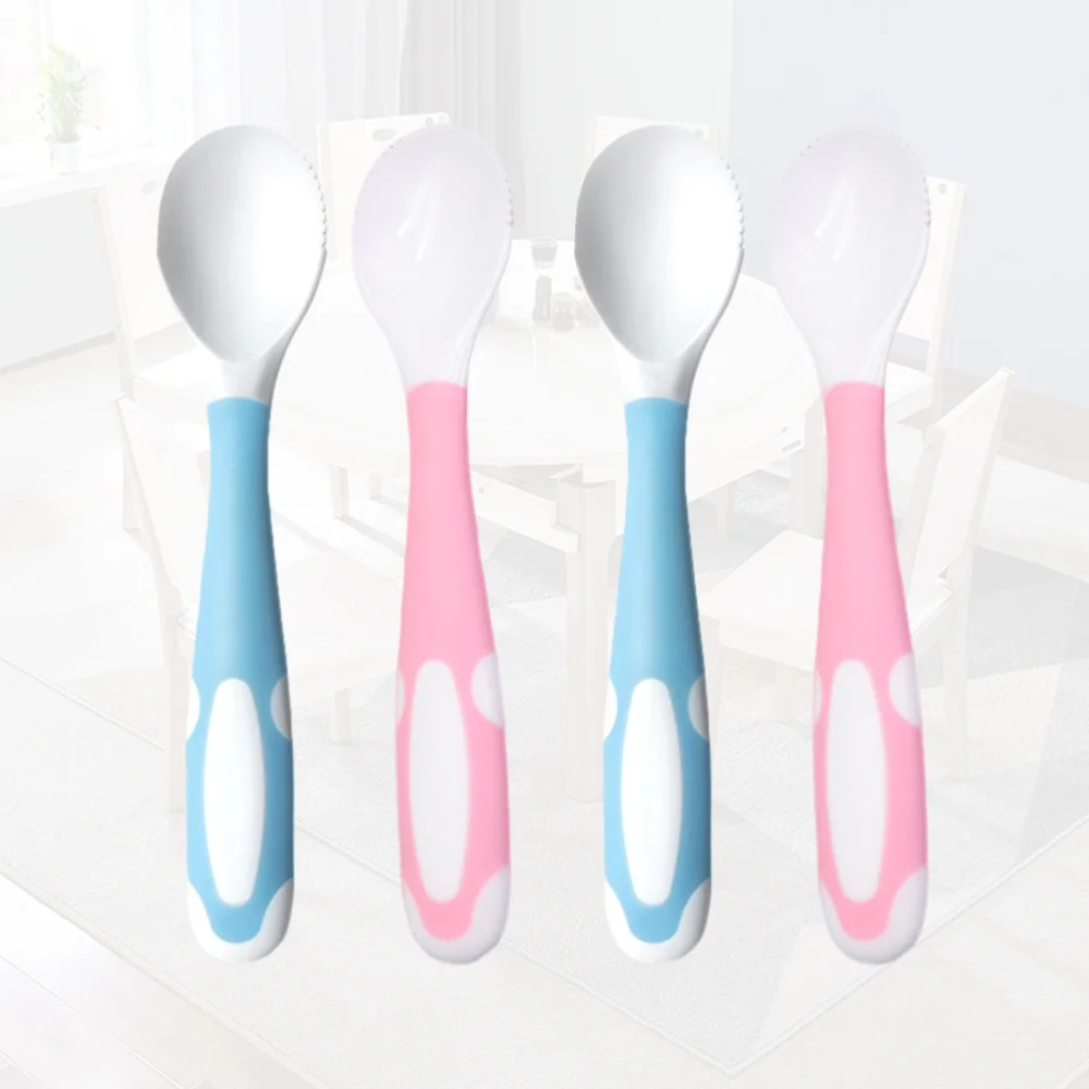 

4pcs Supplementary Food Spoon Fruit Paste Rice Paste Feeding Spoon Tableware for Baby (and Blue for Each 2pcs)