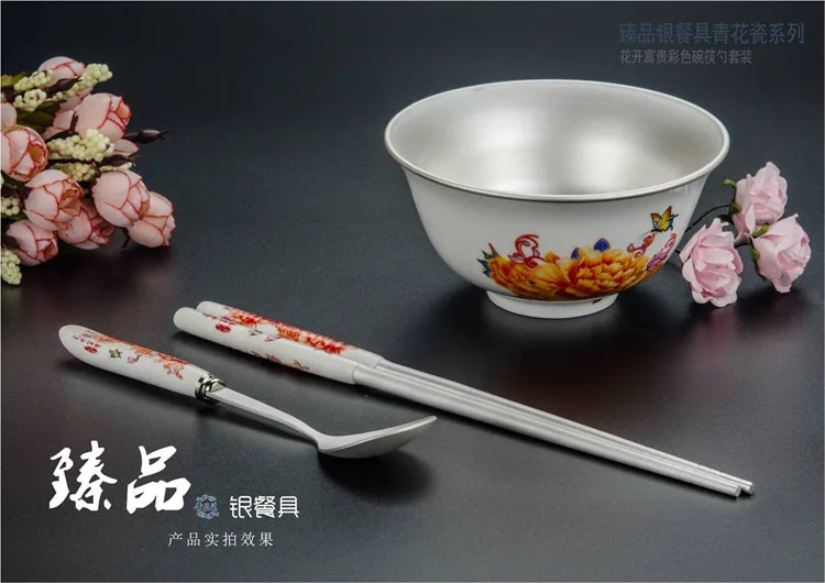 999 Чистое серебро чаша палочки для еды ложка три набора детей взрослых дома