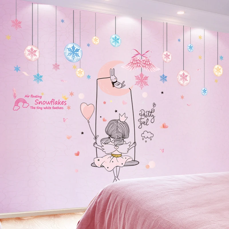 

[shijuekongjian] Girl on the Swing Wall Stickers DIY Snowflakes Wings Mural Decals for Kids Rooms Baby Bedroom Home Decoration